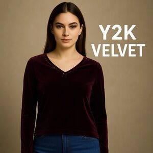 NAPA VALLEY Petites Burgundy Velvet Beaded V-Neck Top 90s Y2K Vintage PM